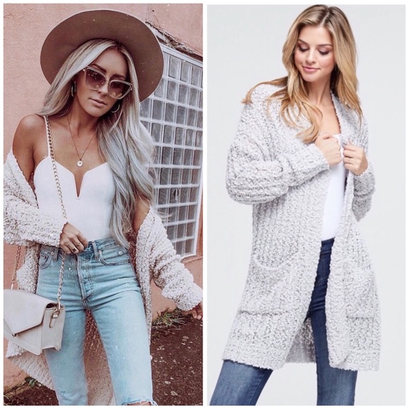 Sweaters - Soft Gray Knit Long Popcorn Cardigan w/ Pockets